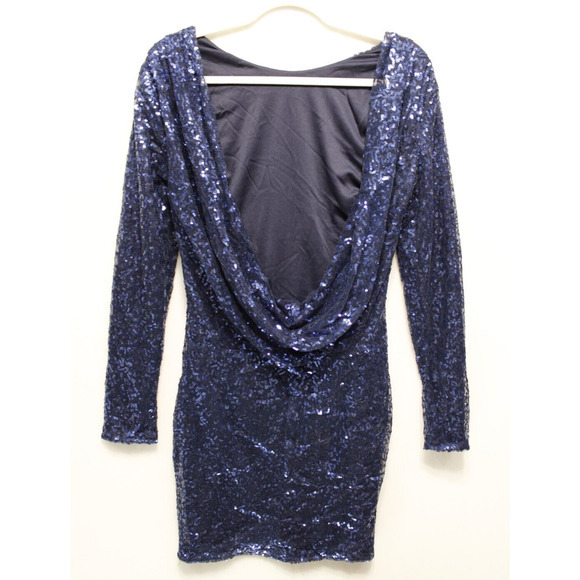 Club L Bodycon All Over Sequin Short Dress‎ Women 8 Open Cowl Back Side Zip Blue - Picture 2 of 16